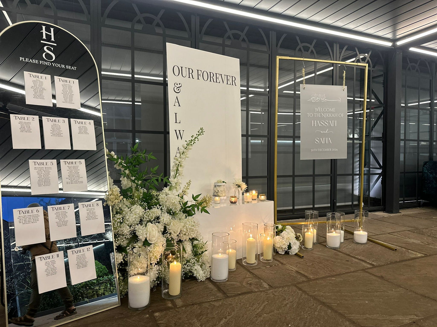 Welcome Sign And Mirrored Seating Plan