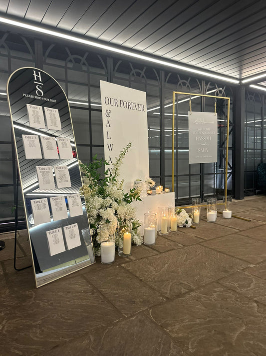 Welcome Sign And Mirrored Seating Plan